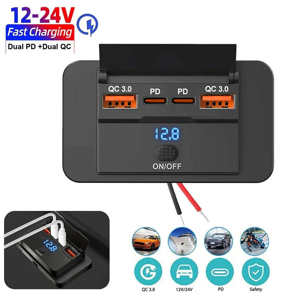 Car Accessories Thailand - Auto-Ladeadapter mit Schalter, 4 Anschlüsse, 12V/24V,